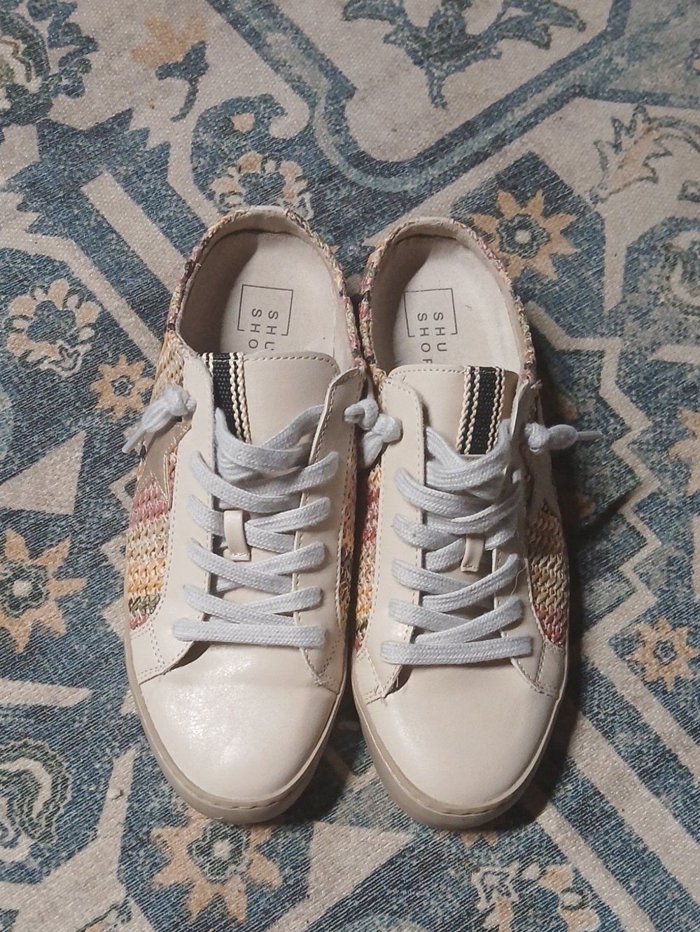 Shu Shop Women’s Cream Lace-Up Casual Sneakers with Multicolor Woven Sides
